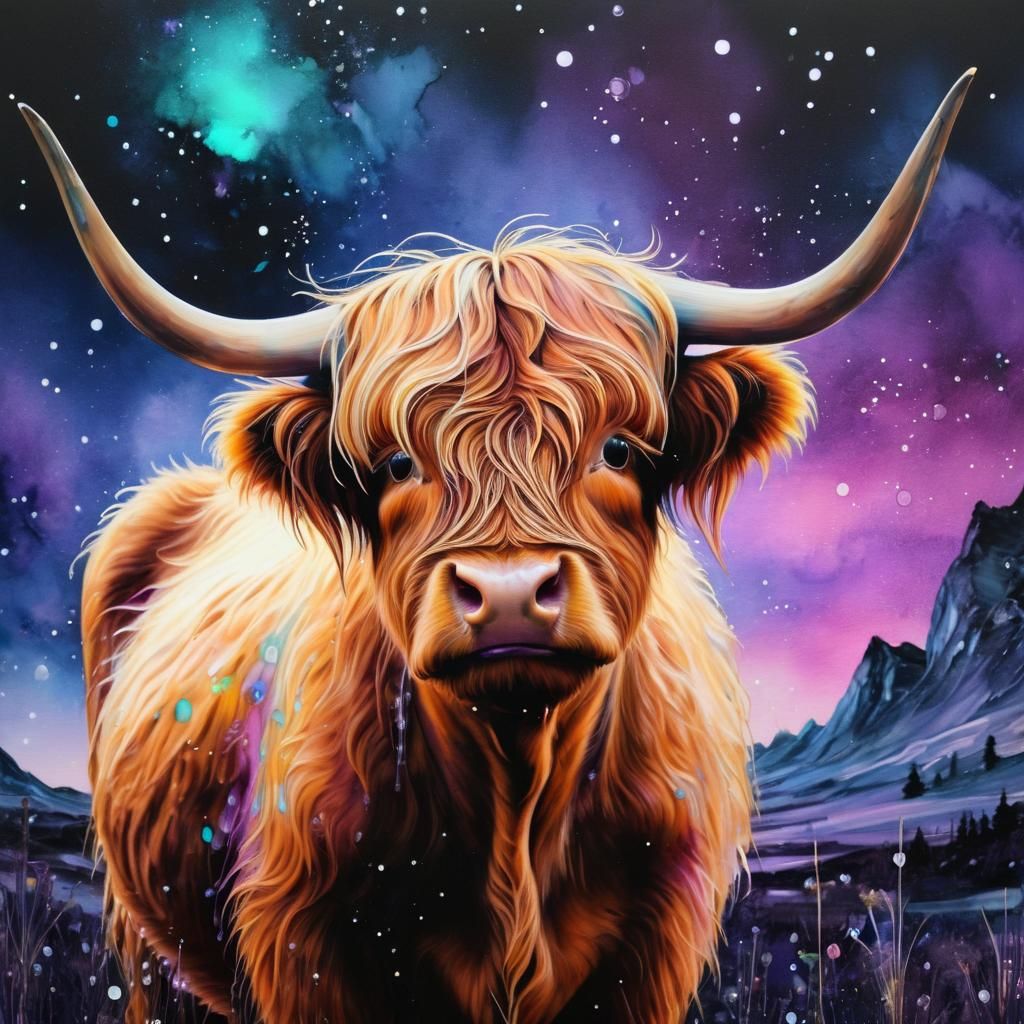 Bioluminescent Highland Cow in Alcohol Ink Style