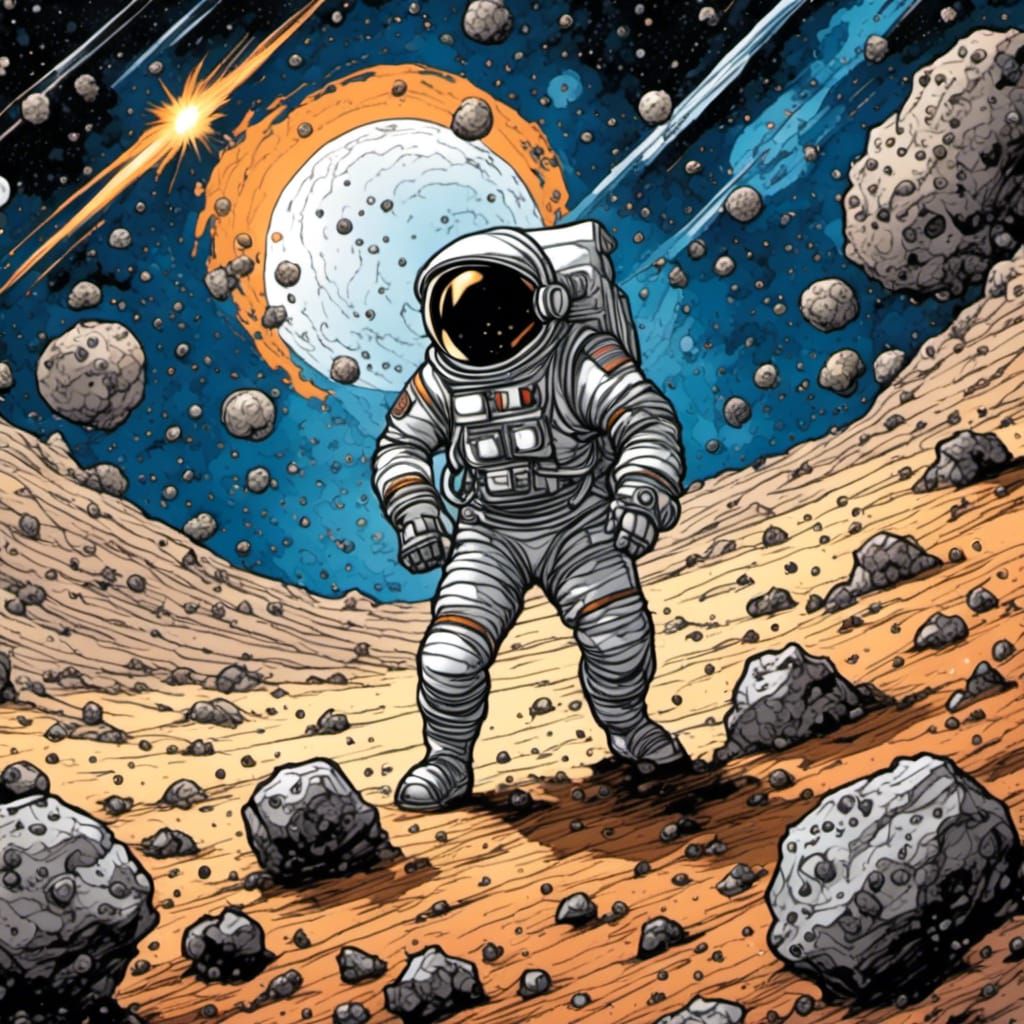 Spaceman navigating an asteroid field <lora:Brewed from Mist...