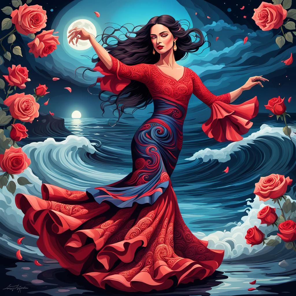 Flamenco Dancer in Moonlight: A Digital Art Illustration