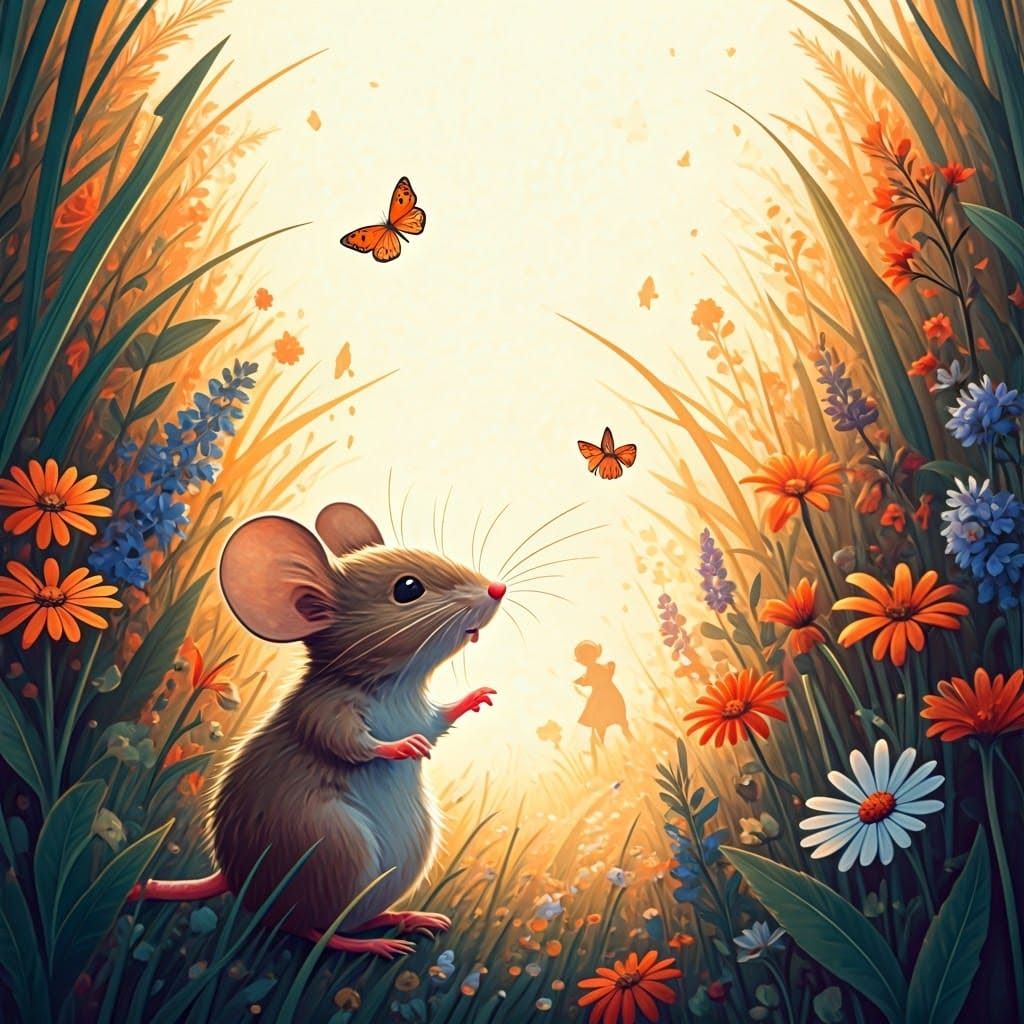 Mouse and Butterfly in Flower Meadow, Children's Book Illust...