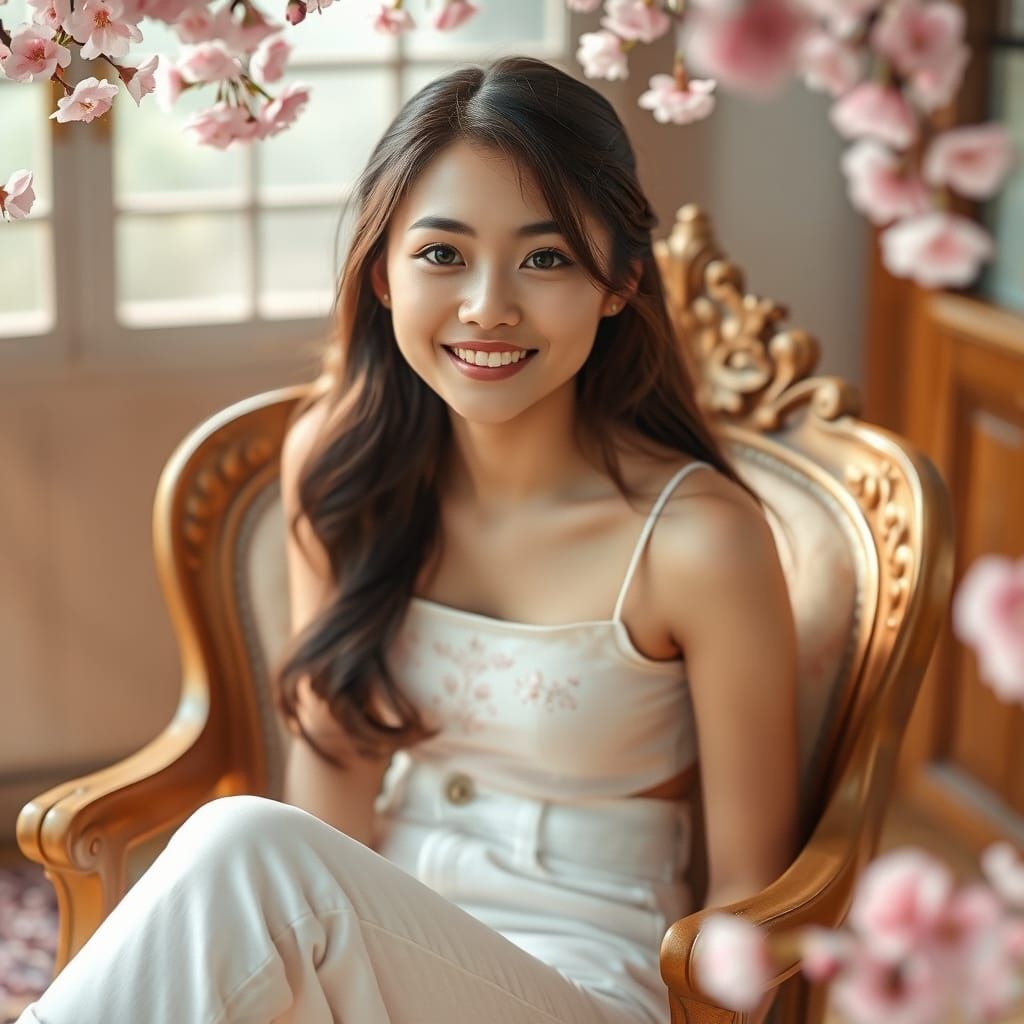 Elegant Japanese Woman on Ornate Chair with Cherry Blossoms