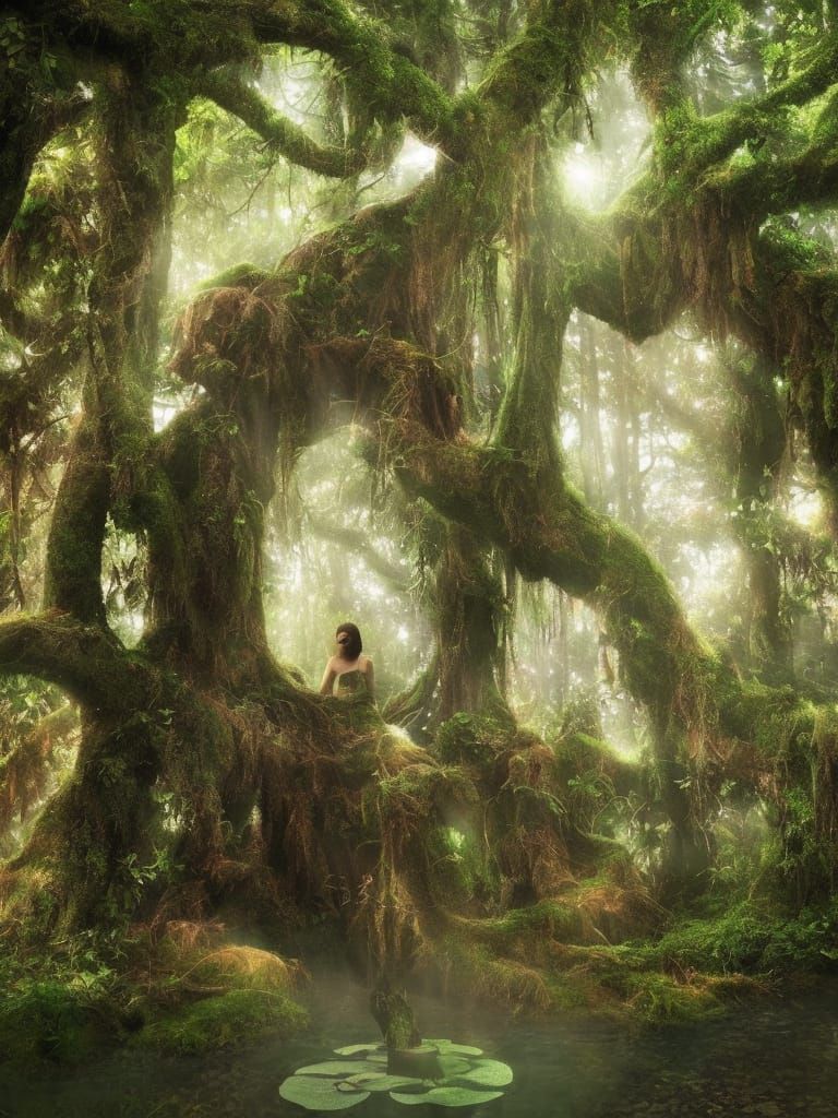 Enchanted Forest: Hyperrealistic Magical Realm at Sunset