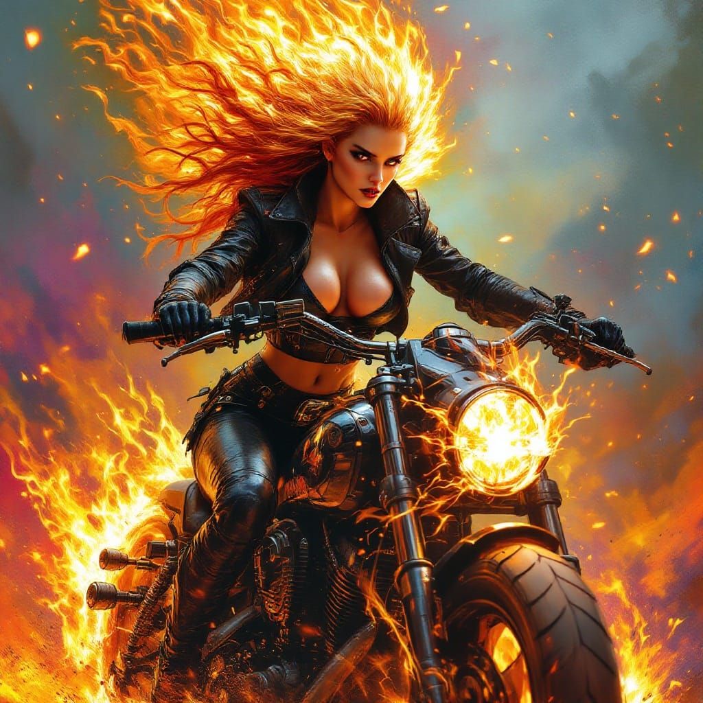 Female Ghost Rider on Hellish Motorcycle