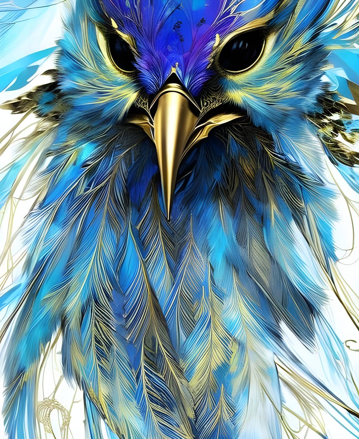 Royal Blue Bird Portrait with Golden Wings