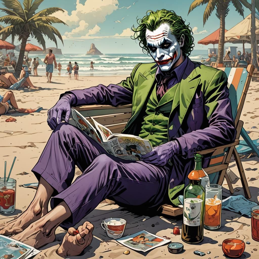 Joker's Beach Day: Comic Book Art Illustration