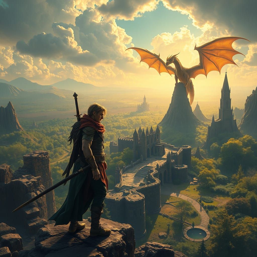 Mystical Warrior Stands at Ruins of Ancient City with Ethere...