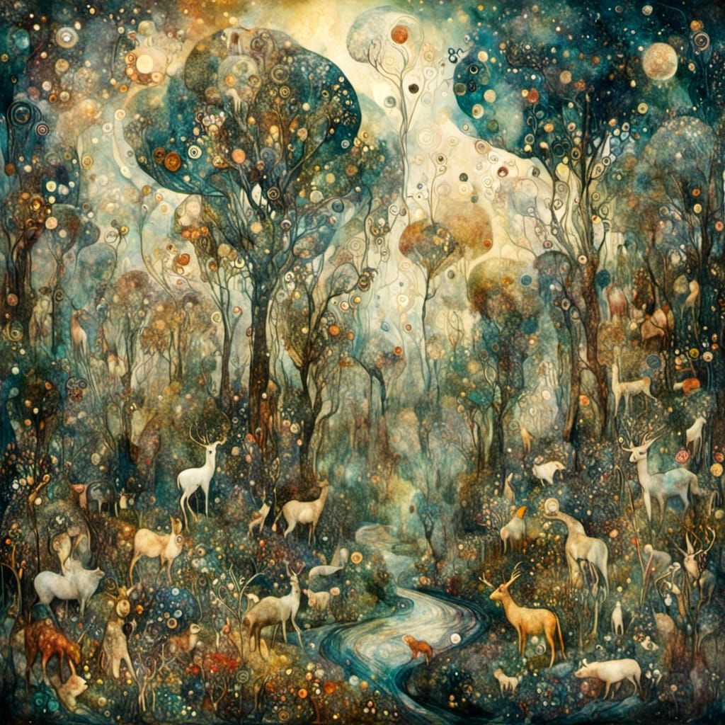 <lora:AbstractWhimsicalXL:1.0> <lora:AbstractSurrealXL:1.0> Surreal picture of a whimsical landscape full of forest anim...