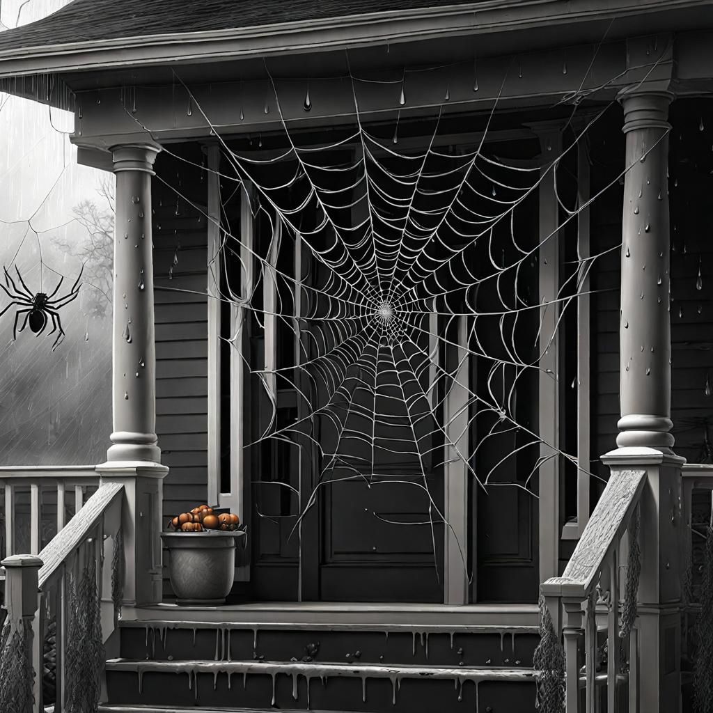 Halloween Spiderweb with Black Spider: Charcoal Drawing