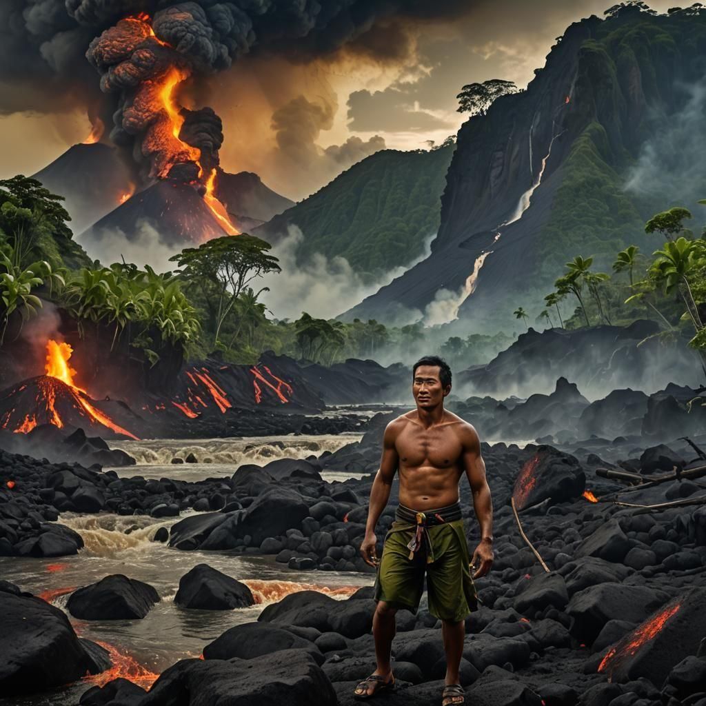 Indonesian Portrait Before Erupting Volcano