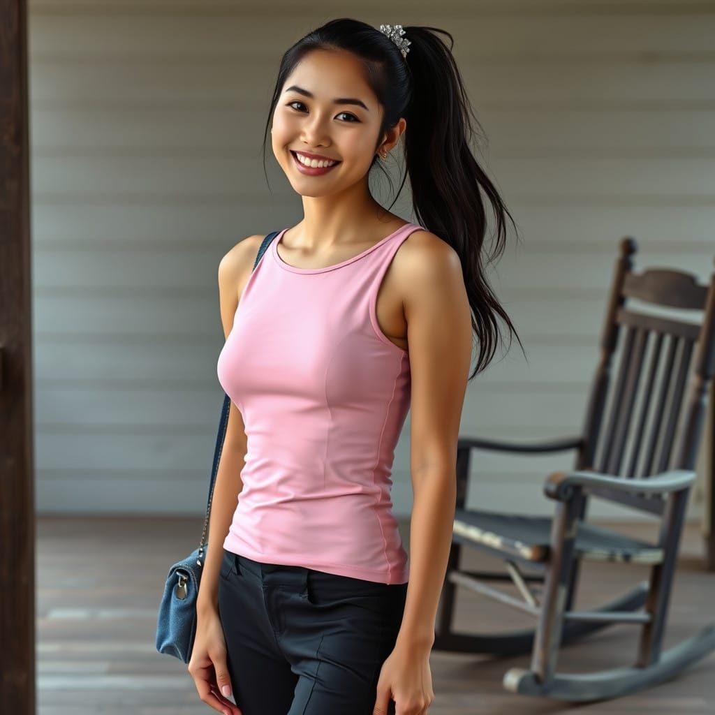 Serene American-Asian Woman on Rustic Porch