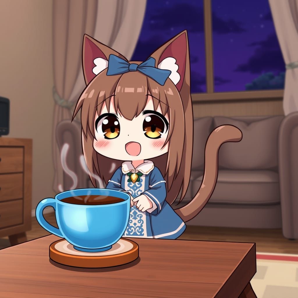 Moody Anime Catgirl Sips Coffee Under Starry Night Sky