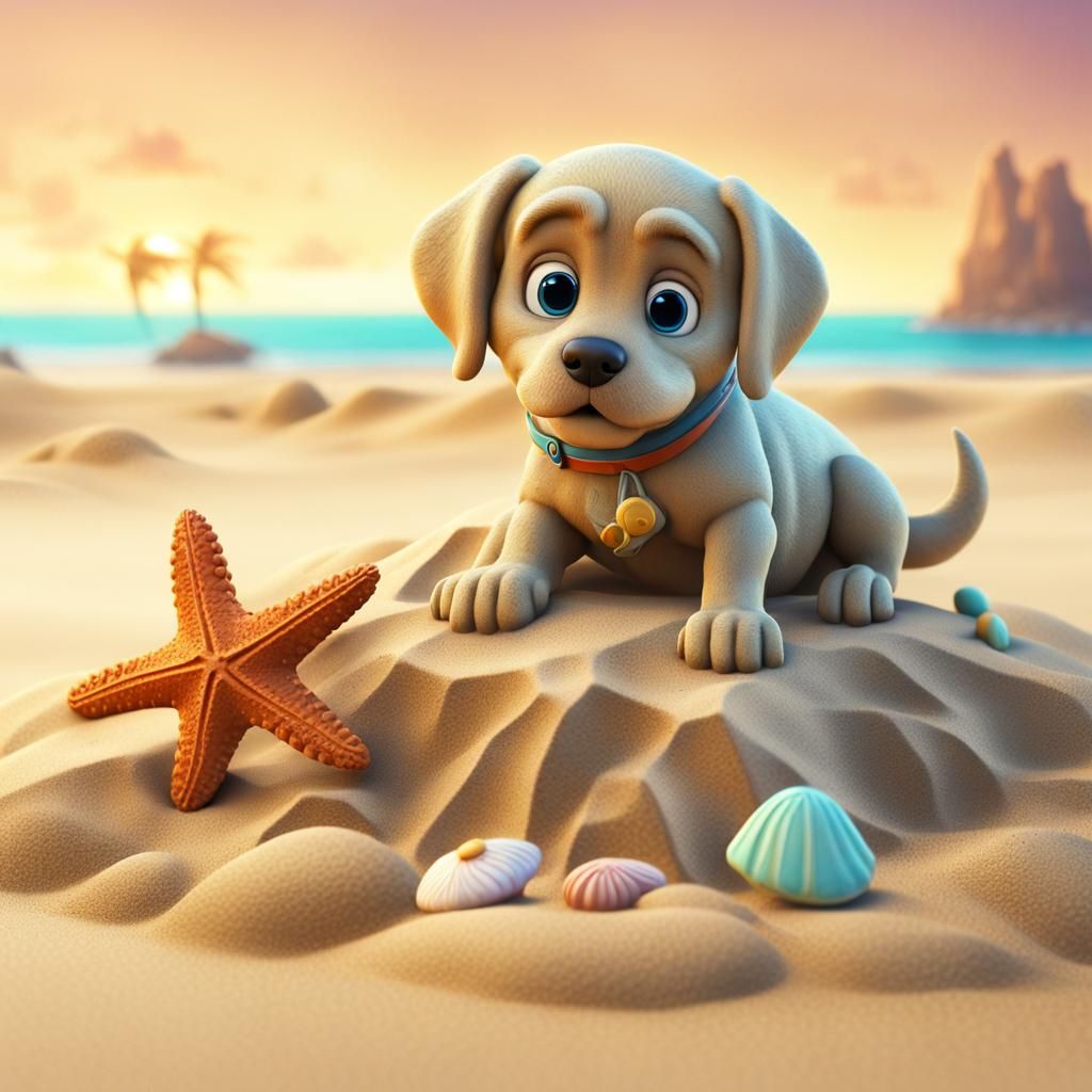 Cartoon Sand Dog Sculpture on Beach, 3D Art