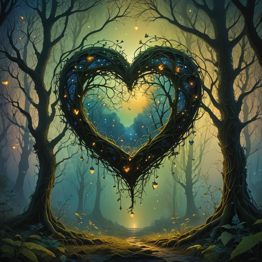 Lace Heart Floating in Mystical Forest