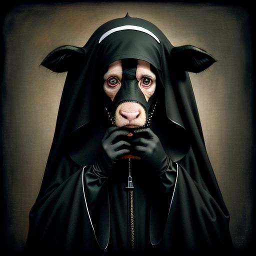 Absurdist Cow Costume Figure Eats Nun Head