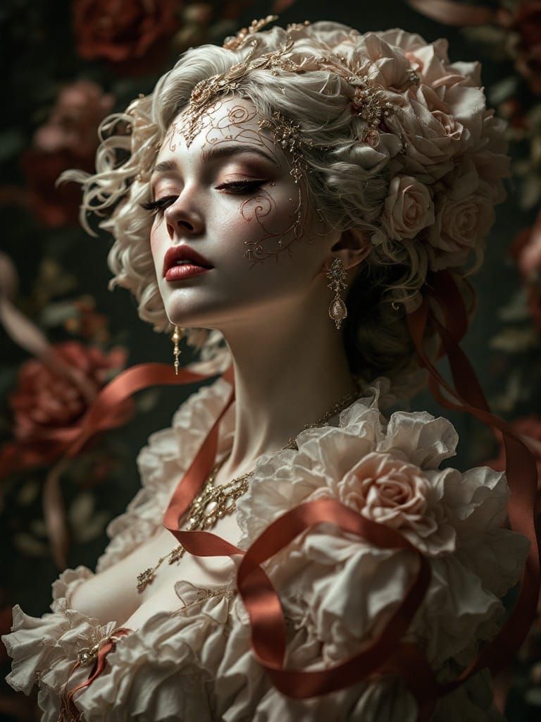 Edwardian Woman Portrait with Roses and Ribbons