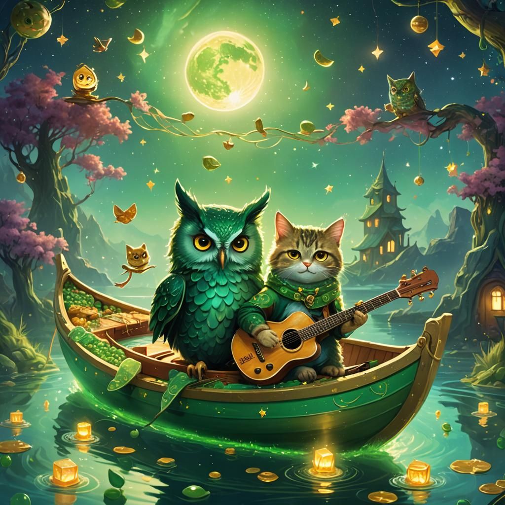 Owl and Cat in Pea Boat Fantasy Art
