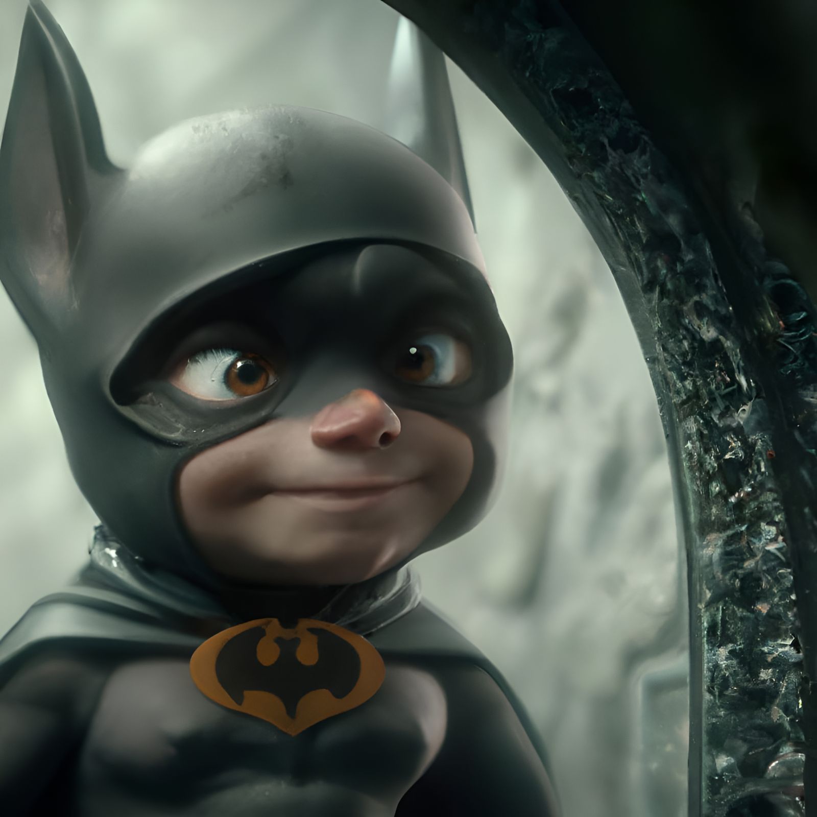 Adorable Chibi Batman in Batcave: 3D Matte Painting
