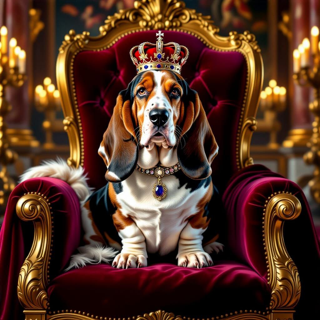 Regal Basset Hound on Baroque Throne
