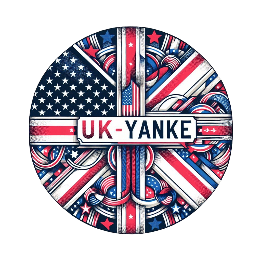 a fusion of a usa and uk flag with text "UK-Yankee" centrali...