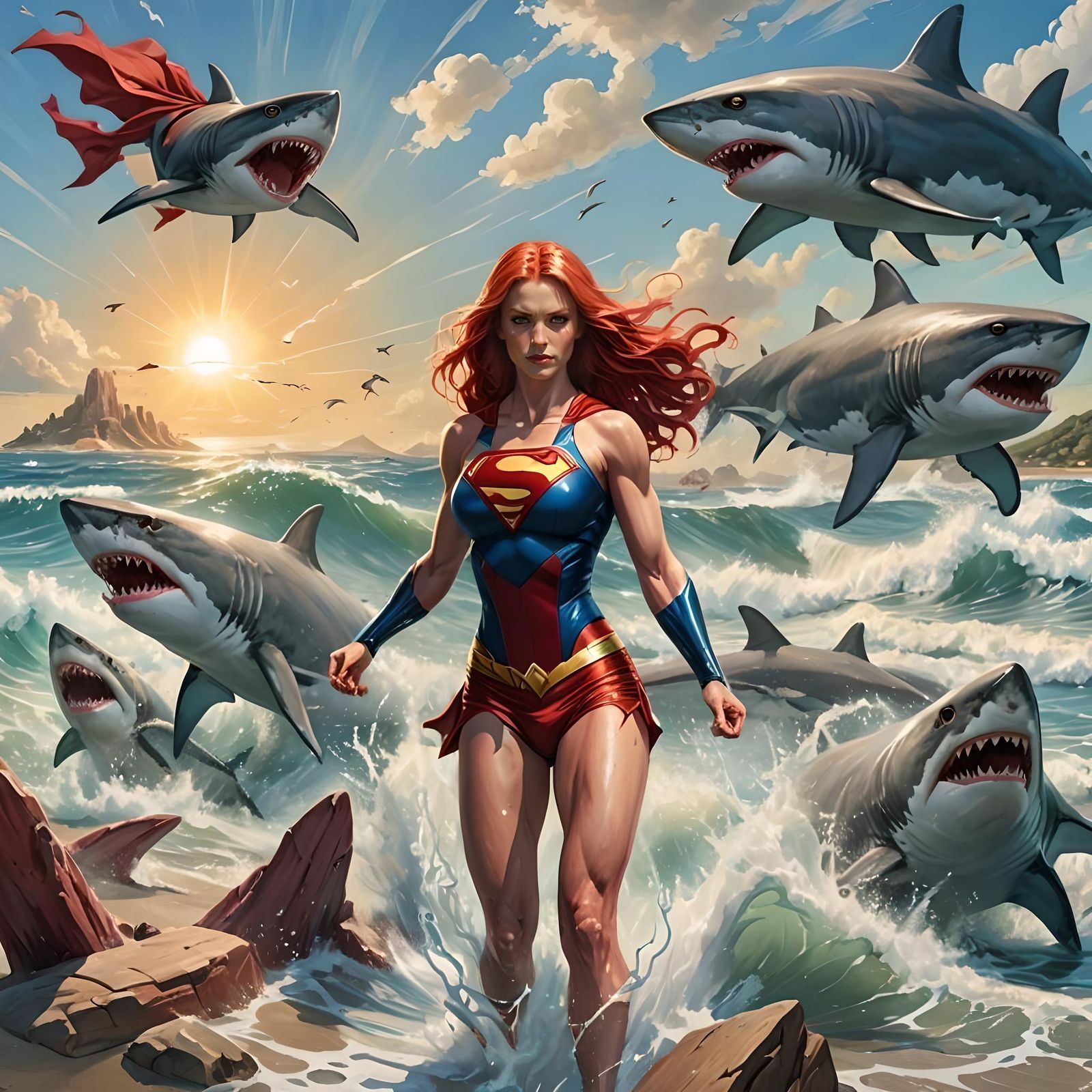 Supergirl on Tropical Beach Fighting Shark