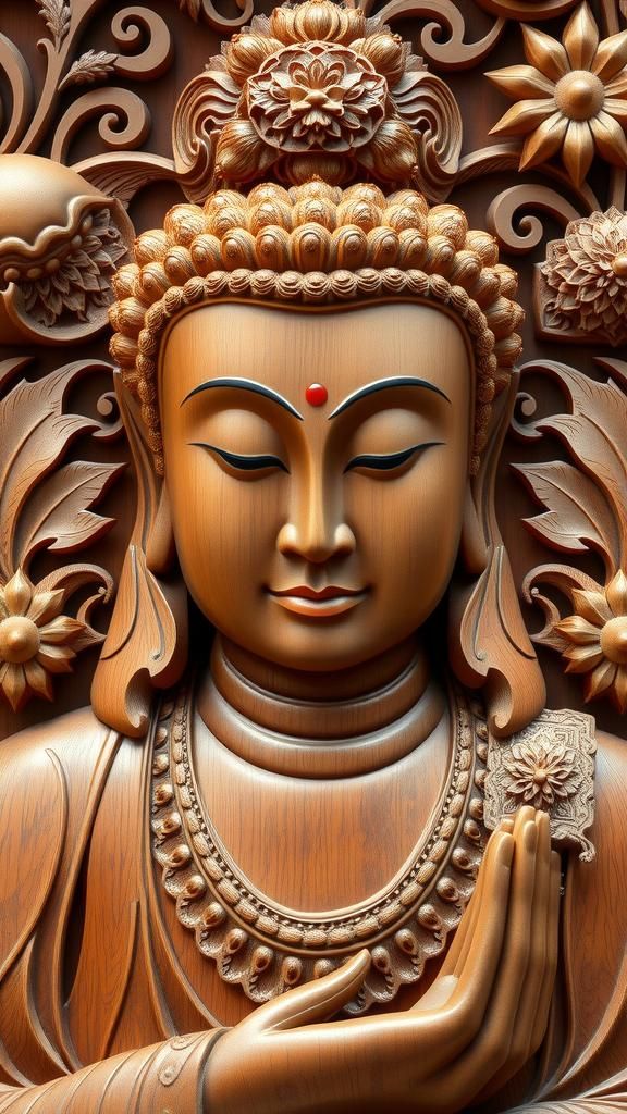 Ornate Buddha Statue Carved in Wood Relief