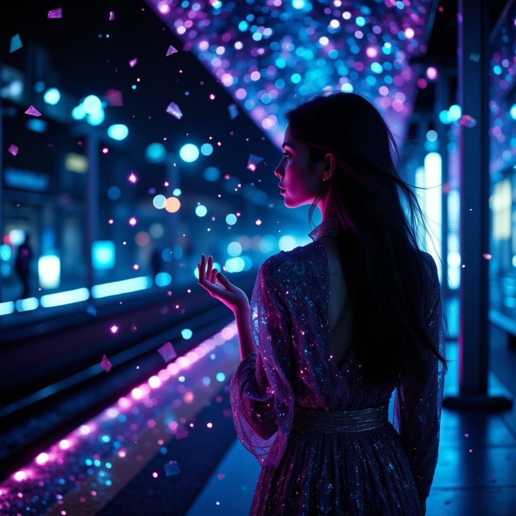 Woman at Train Platform in Crystalline Style