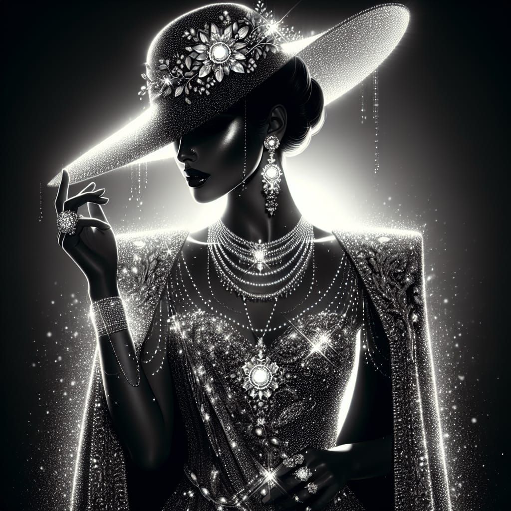 Monochrome Portrait of Elegant Woman in Jewel-Encrusted Atti...