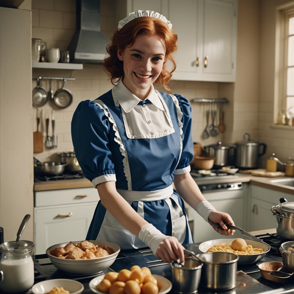Redhead French Maid Prepares Breakfast: Cinematic Film Still
