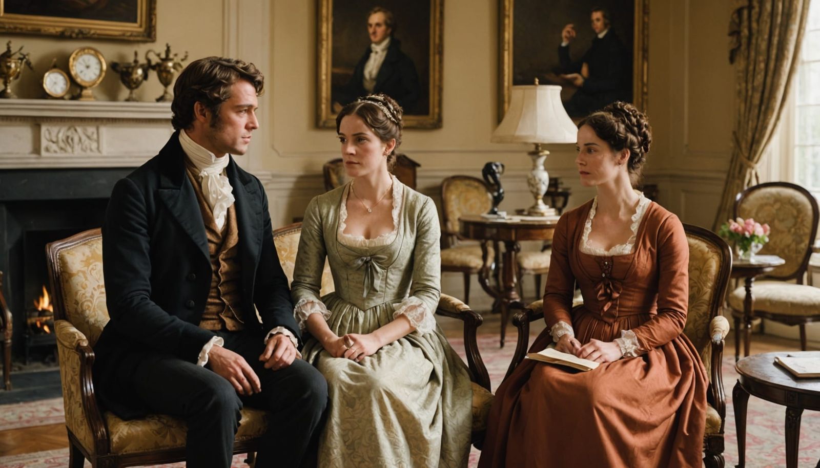 Regency Couple in Elegant Living Room, Subtle Social Tension