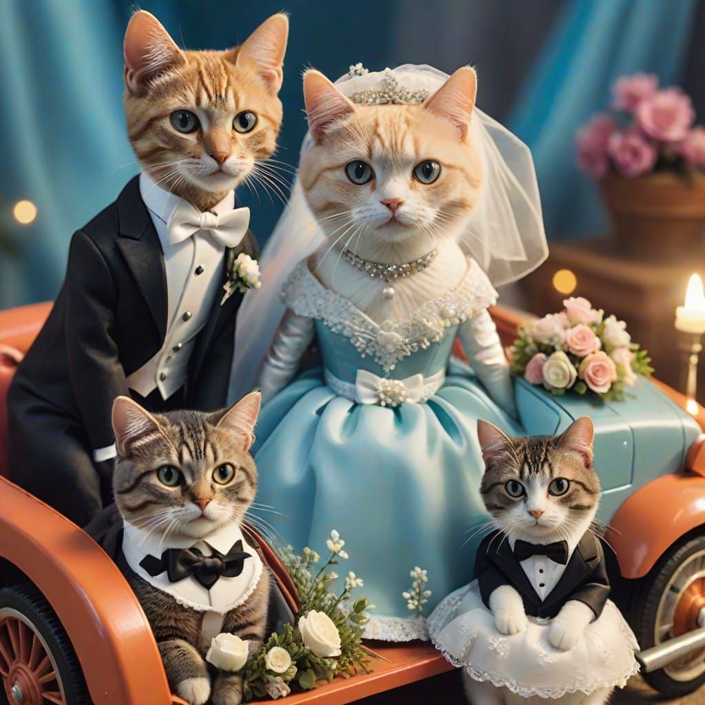 Feline Wedding Couple in Miniature Car