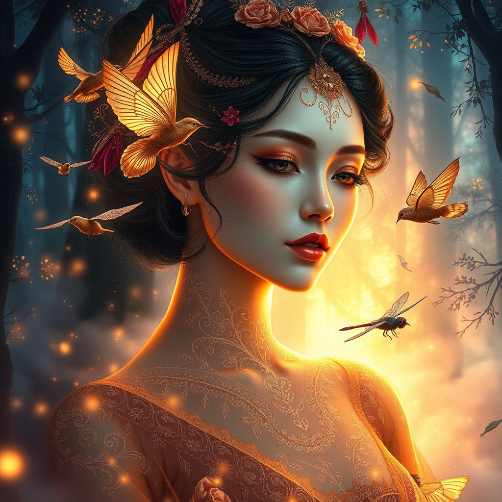 Ethereal Woman in Forest with Aurora, Art Nouveau Style