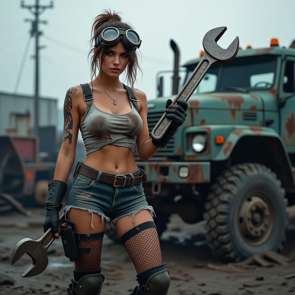 Wasteland Mechanic in Photorealistic Post-Apocalyptic Style