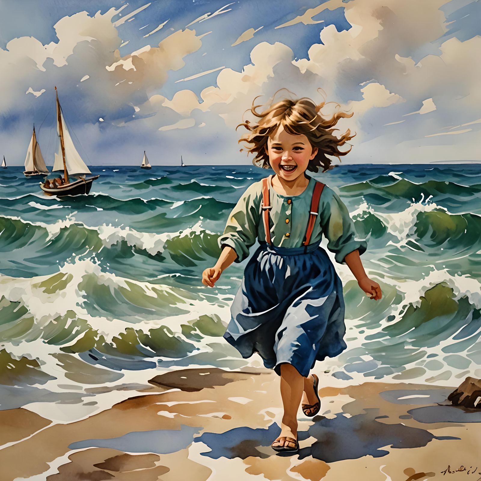 Child's Frolic by the Sea in Gouache Style