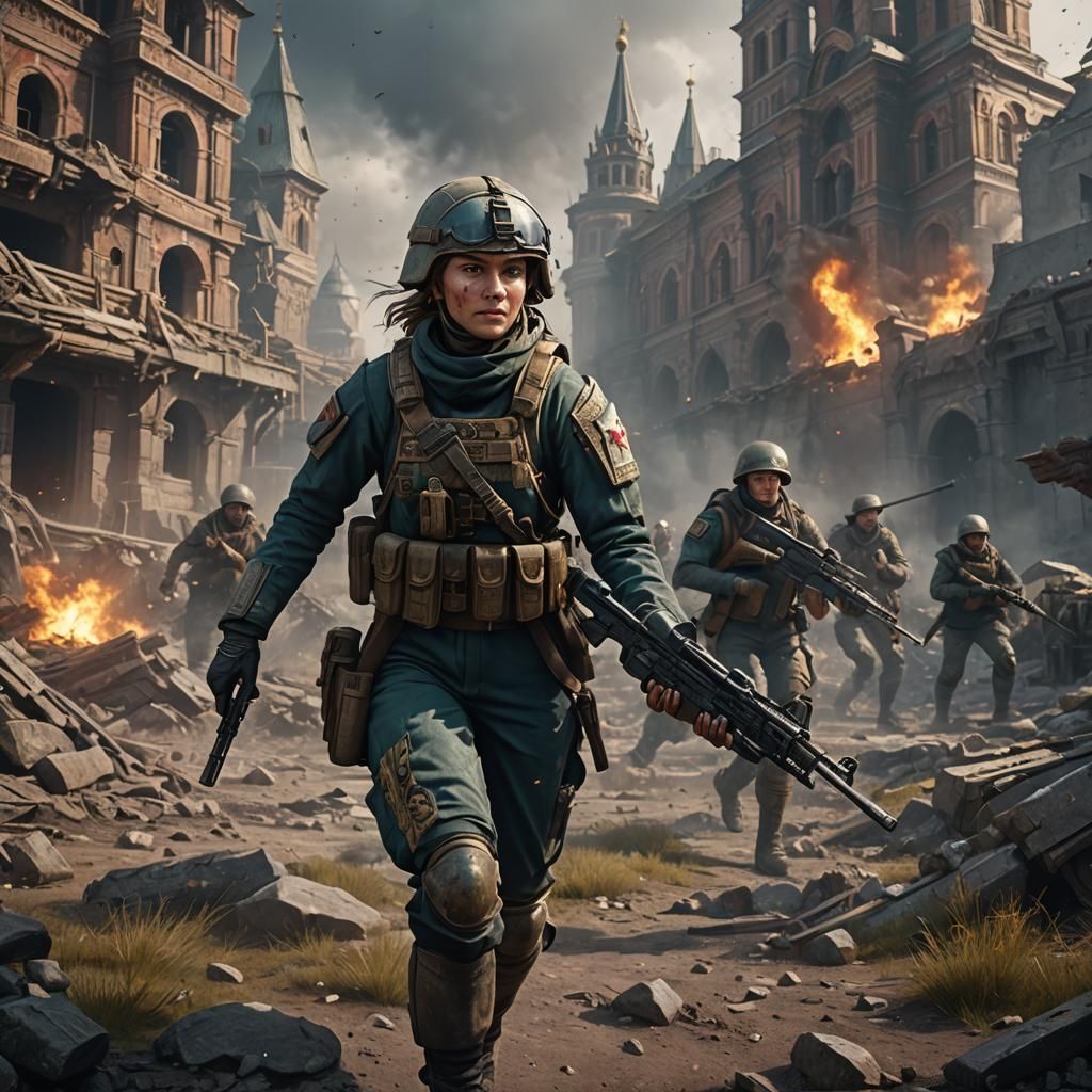 Russian Female Soldier in Combat: Detailed Matte Painting