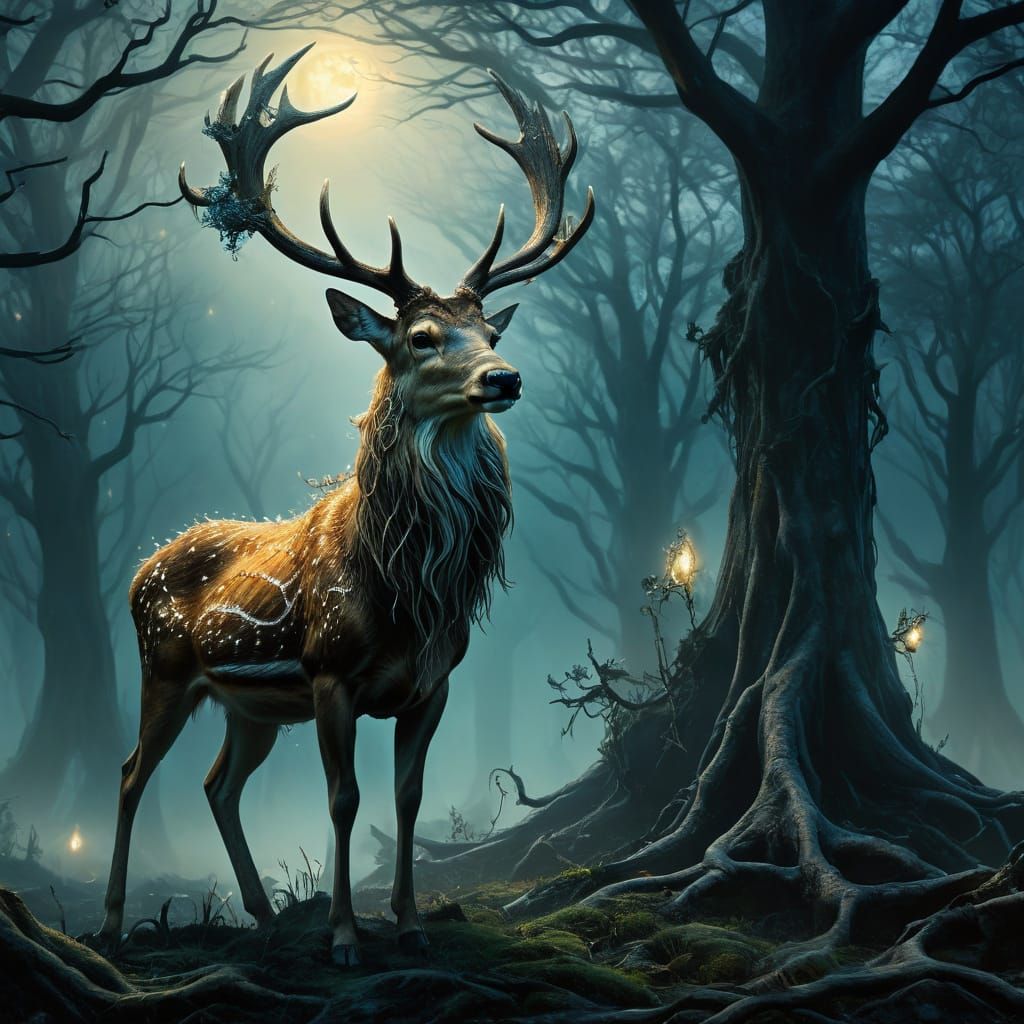 Ghostly Deer and Fae in Dark Fantasy Art