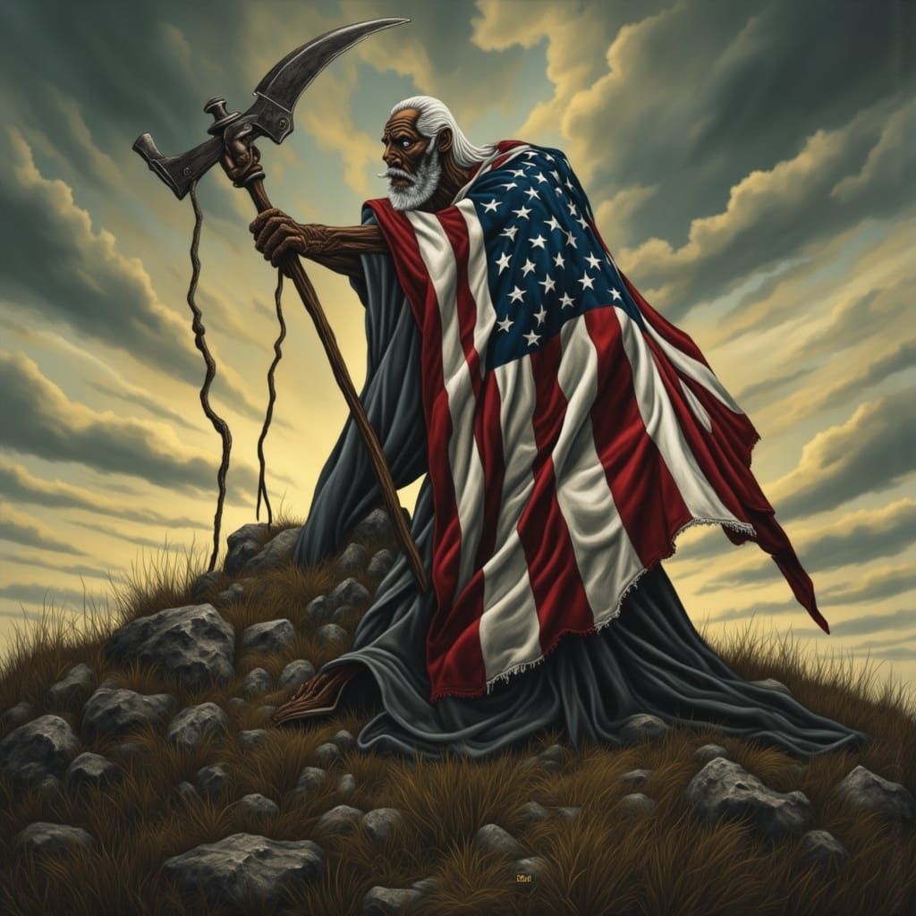 Macabre Oil Painting: Old Man and Grim Reaper