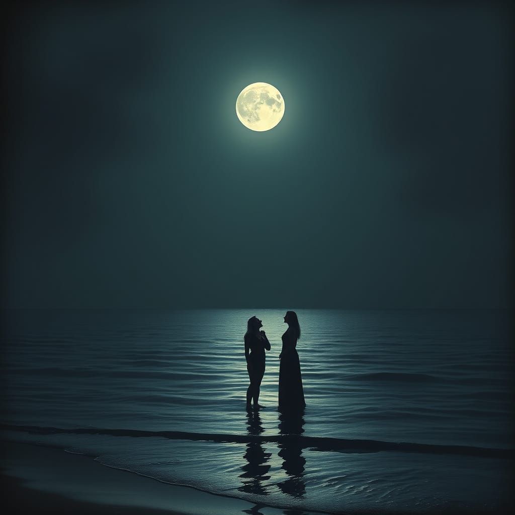 Serene Woman Under Full Moonlit Ocean