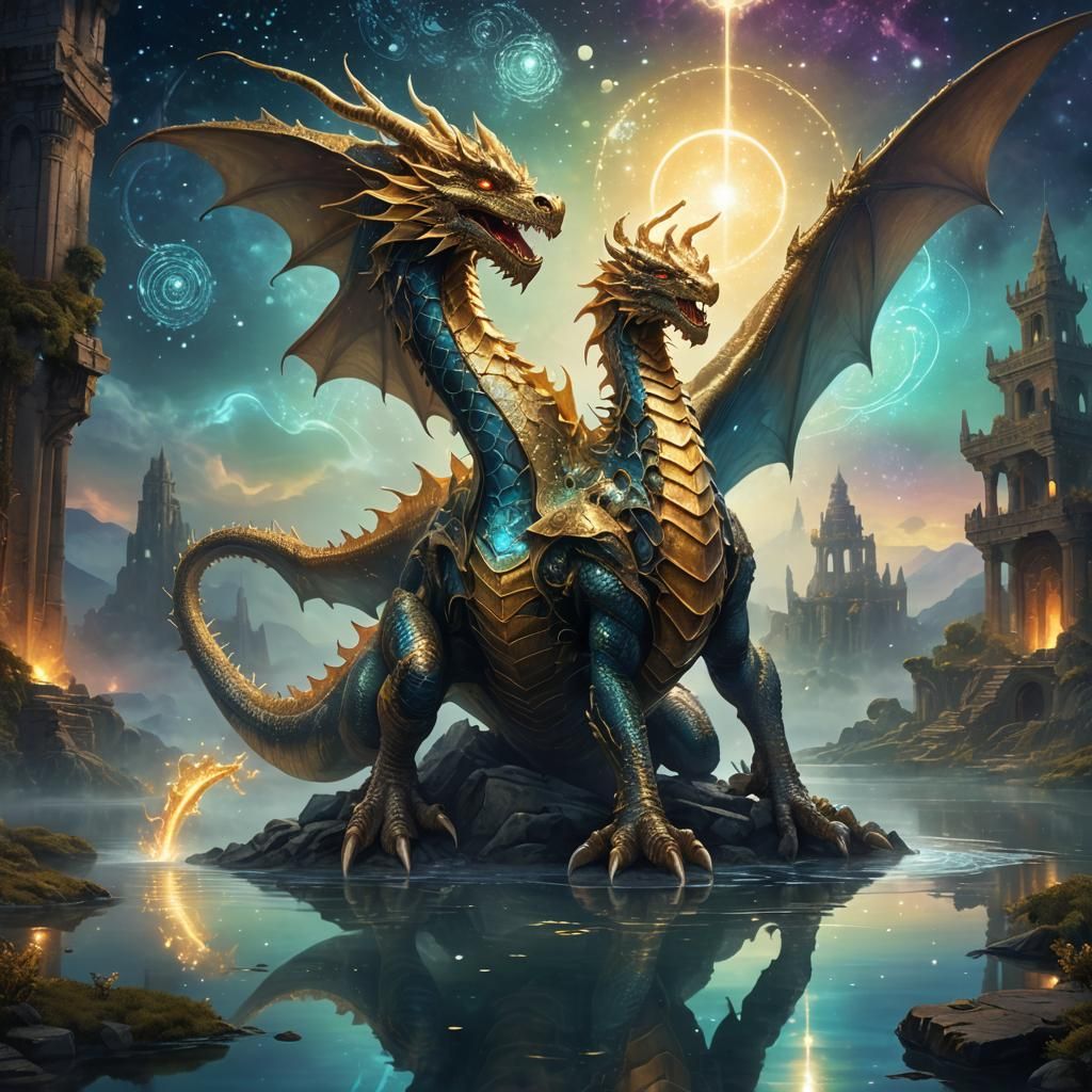 Biomechanical Dragon Soaring Over Misty Lake