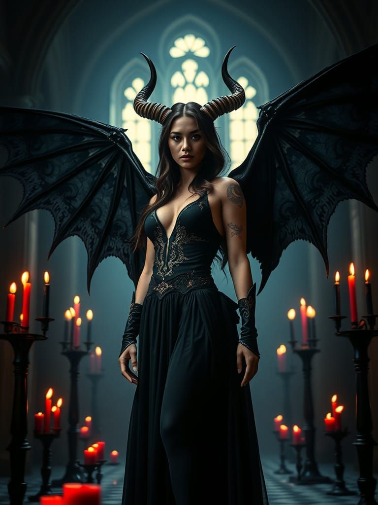 Gothic Female Figure in Castle, Wielding Horns and Black Win...