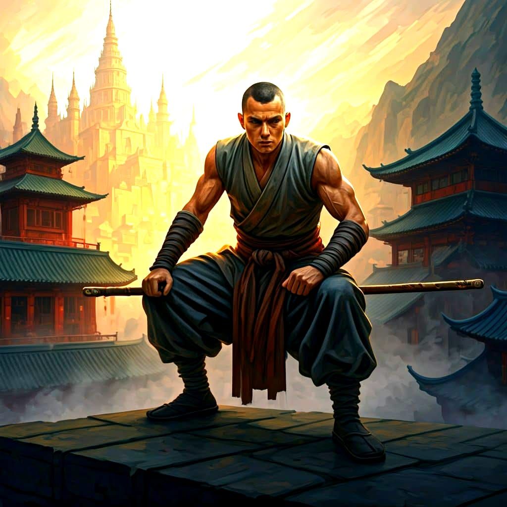 Warrior Monk Overlooking Fantasy City in Abstract Art Style