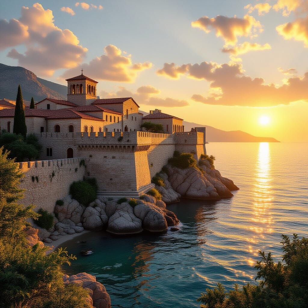 Golden Hour Sunset Over Mediterranean Coastal Fortress