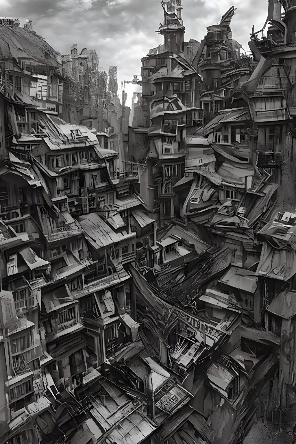 Detailed Pencil Sketch of a Chaotic City