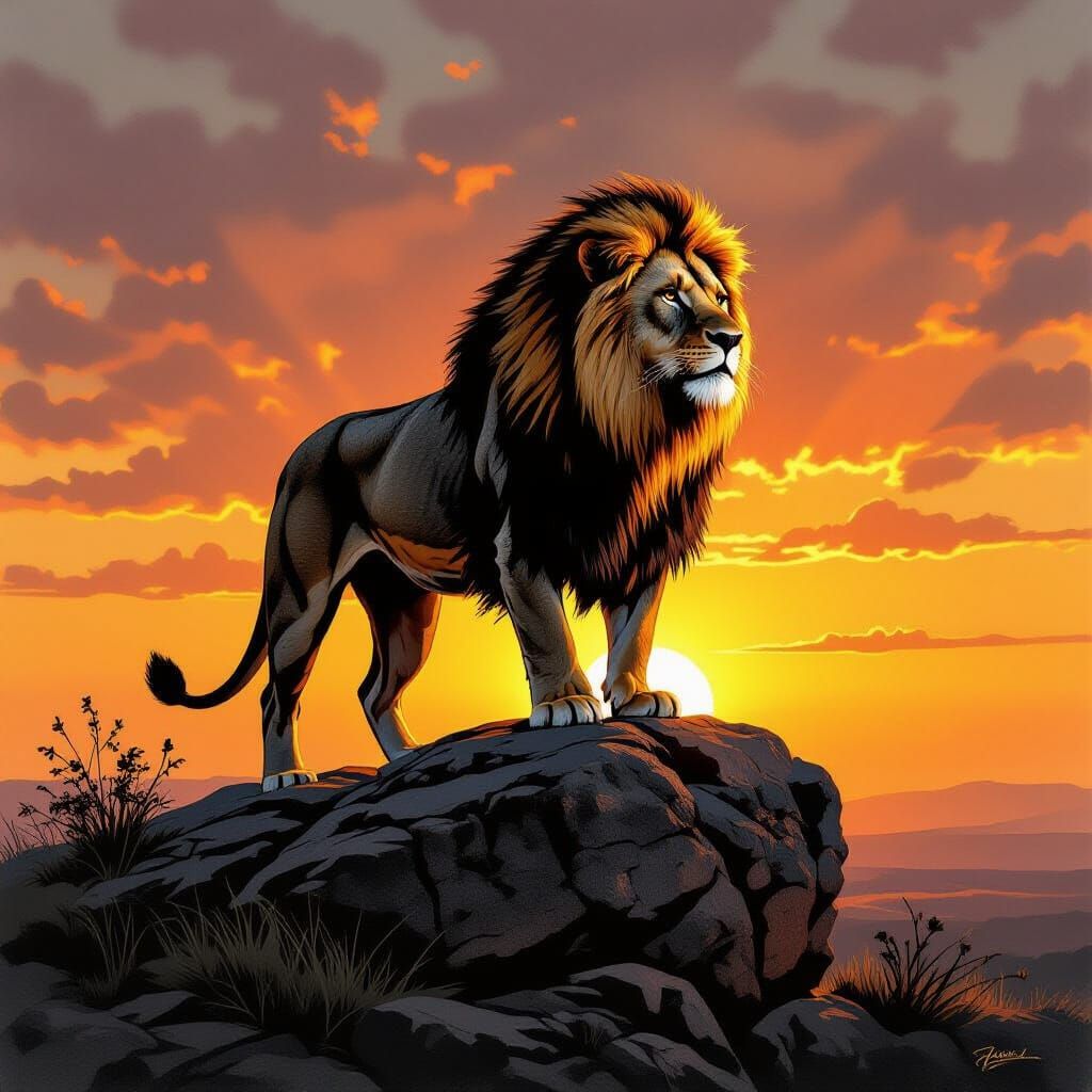 Majestic Lion Silhouette at Sunset Charcoal Drawing