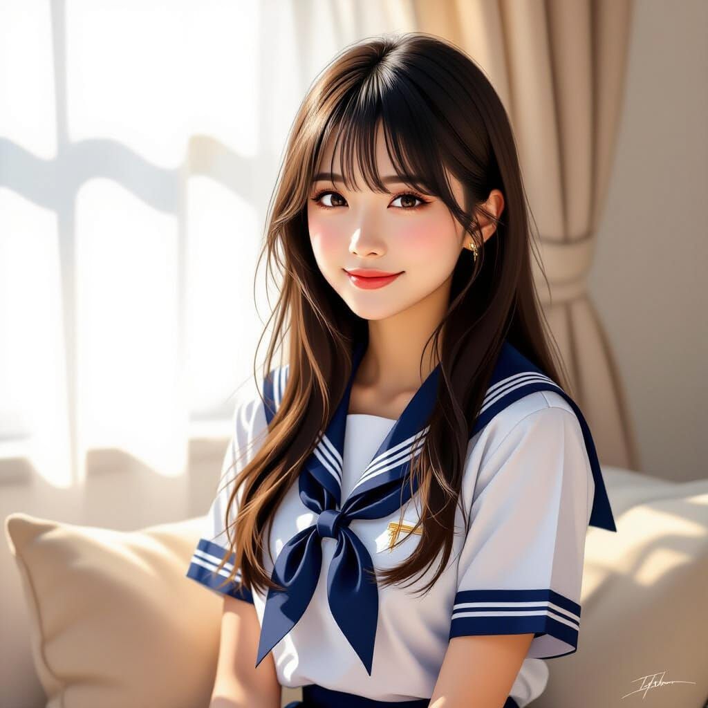 Elegant Asian Woman in Japanese School Uniform