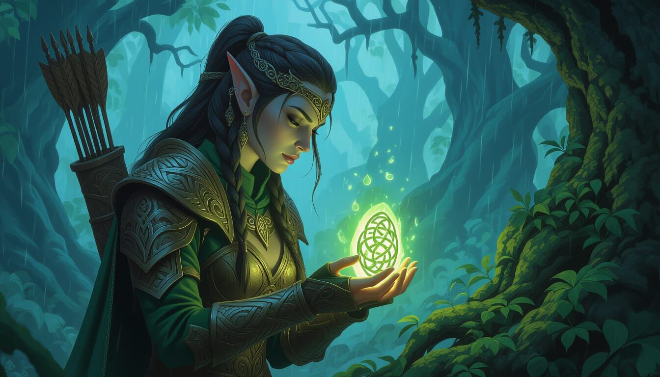 Wood Elf in Ancient Forest, Celtic Armor, Matte Painting