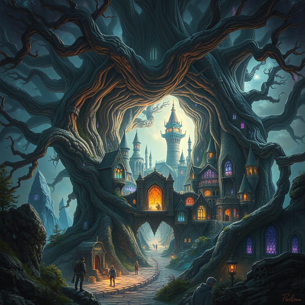 City in Ancient Tree, Hyperrealistic Cosmic Art