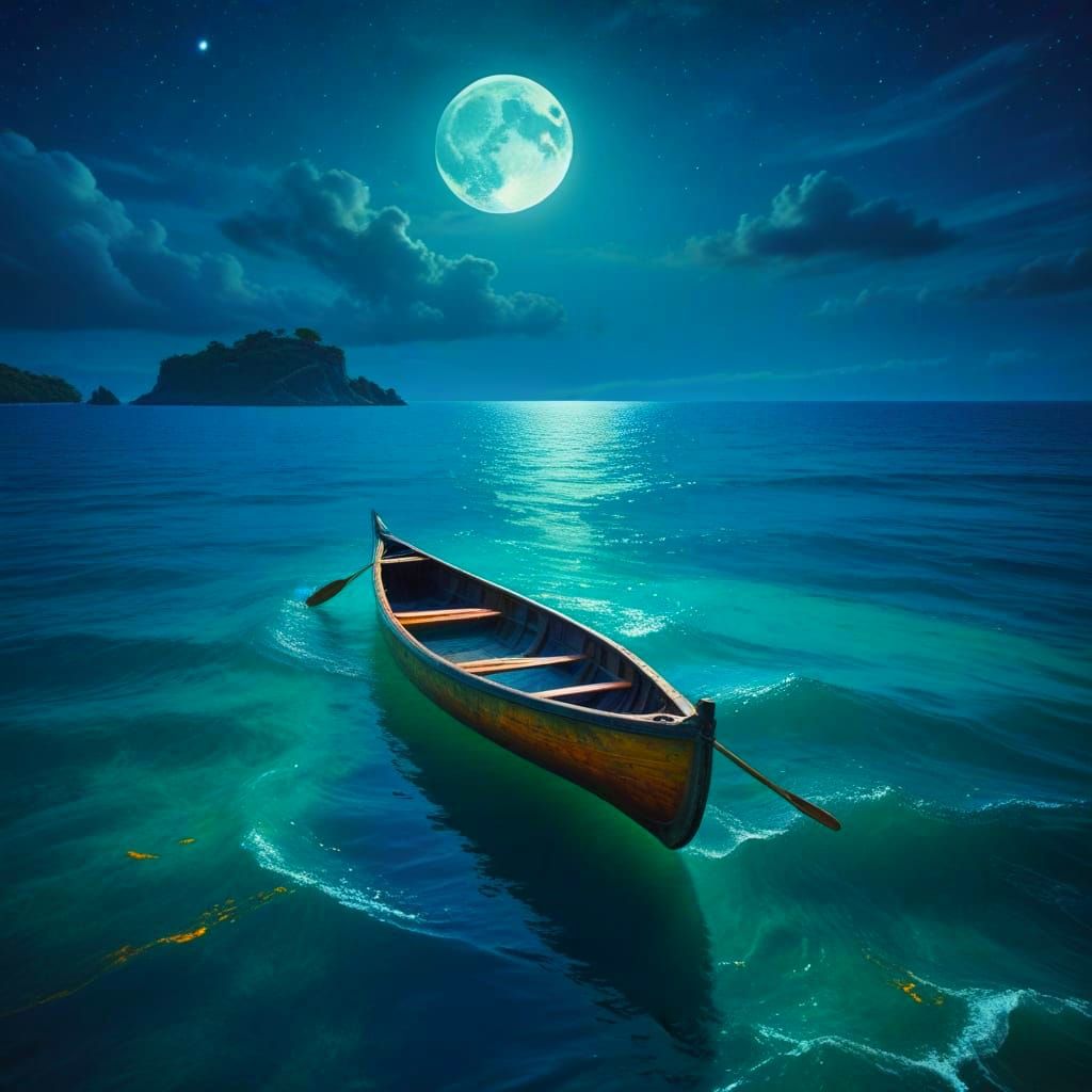 Mystical Moonlit Canoe on Turbulent Ocean