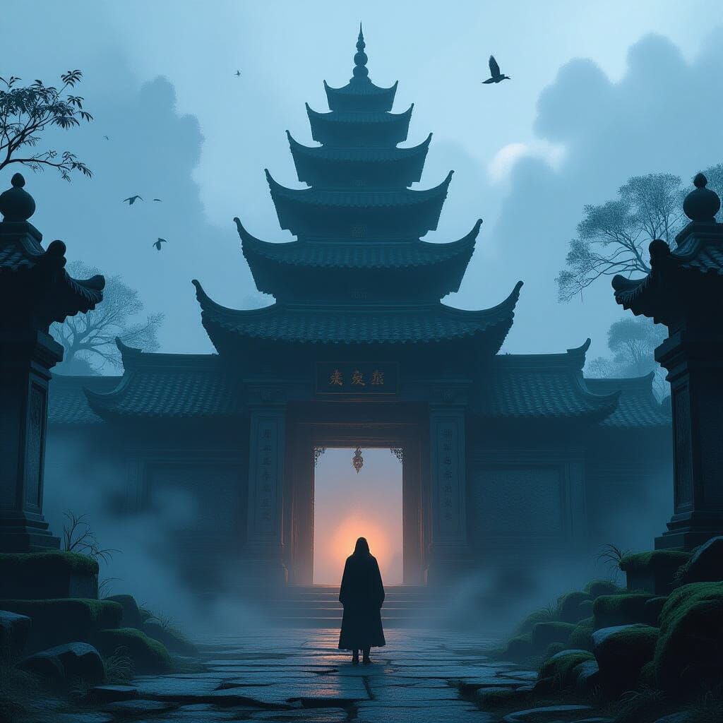 Ancient Temple Entrance in Twilight Mist