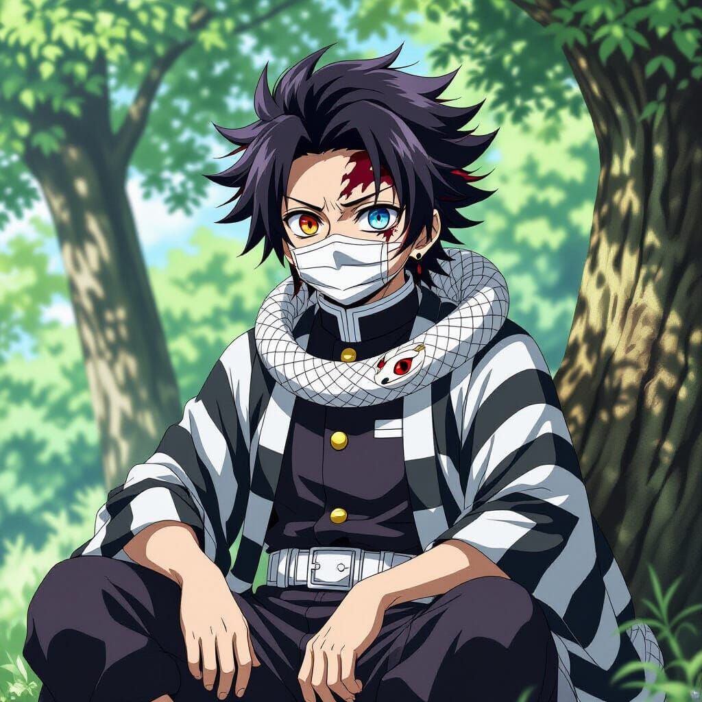 Anime Demon Slayer Obanai Iguro in Tree with Snake