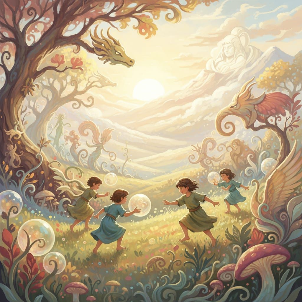 Children Play With Glowing Orbs in Fantastical Meadow